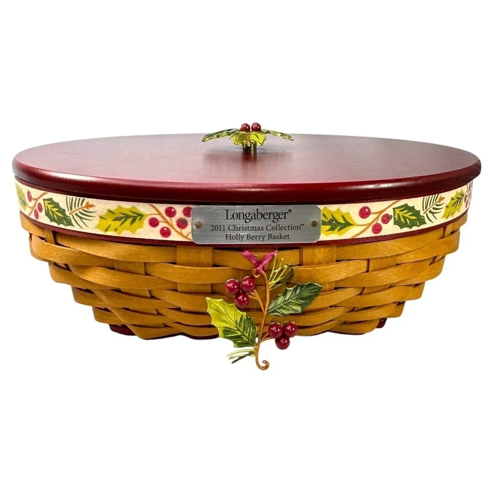 Longaberger Holly Berry Basket 2011 Christmas w/ Lid Liner Protector Tie-on Tags